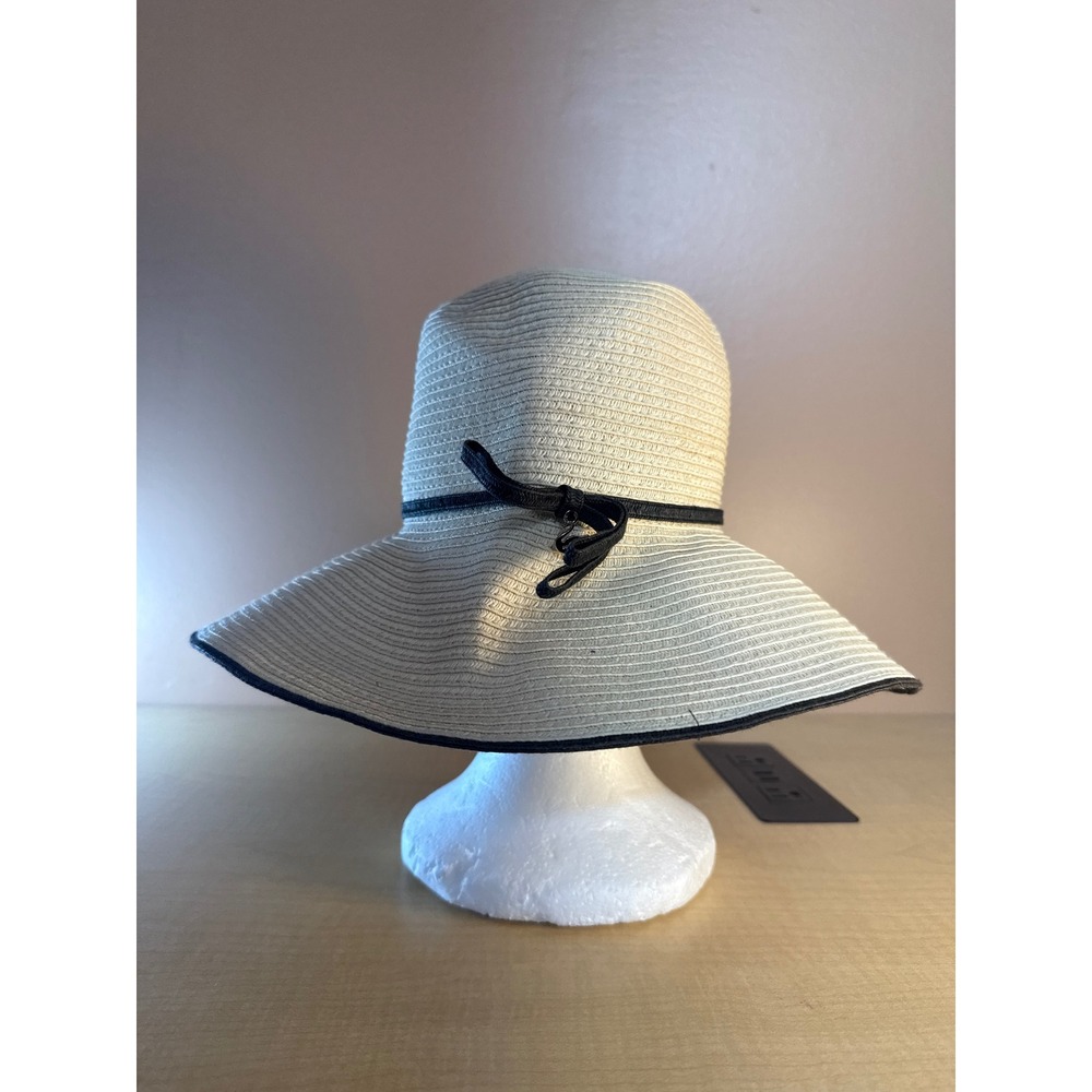 MUMUSO Cream Wide Brim Sun Hat Black Ribbon Bow Detail 57.5cm Straw Style Hat